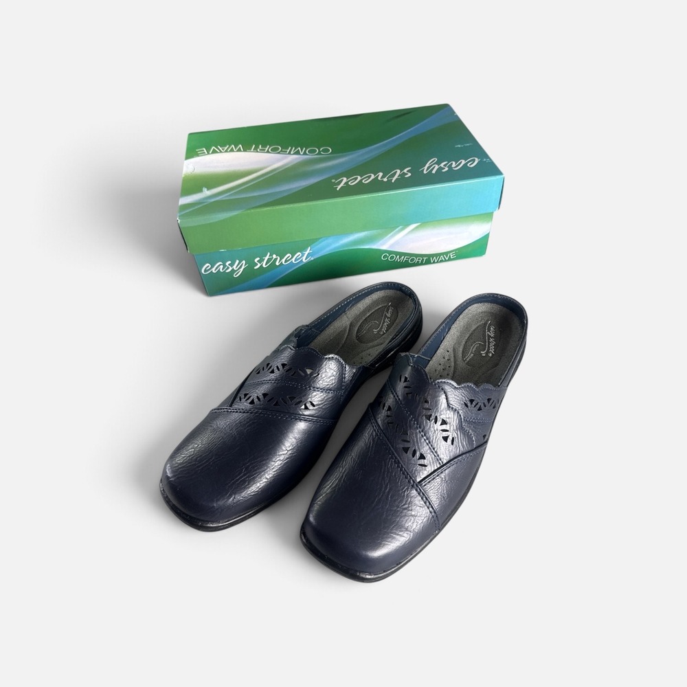 Easy Street Comfort Wave Navy Blue Laser Cut Mules Clogs Forever 9M